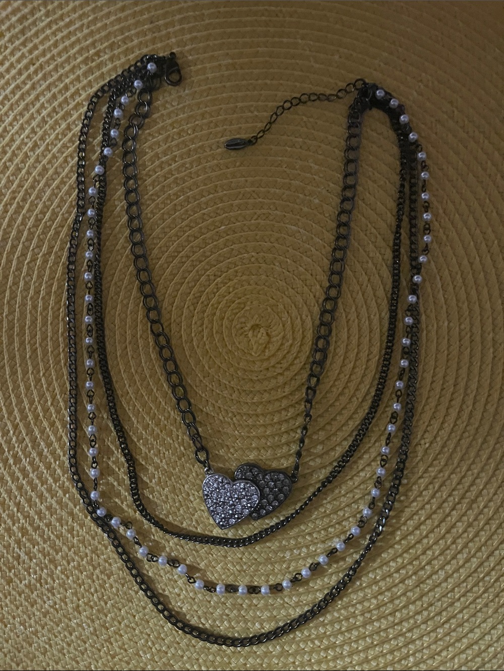 Gunmetal Layered Heart Pendant Necklace with Pearls